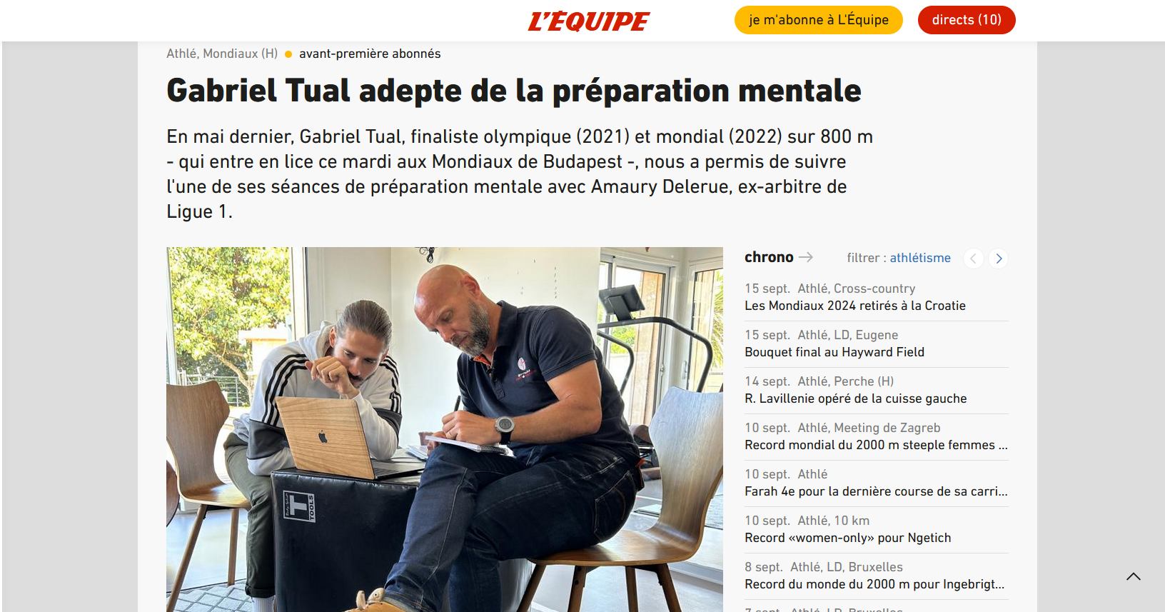 Article dans le magazine l’Équipe sur la préparation mentale de Gabriel Tual